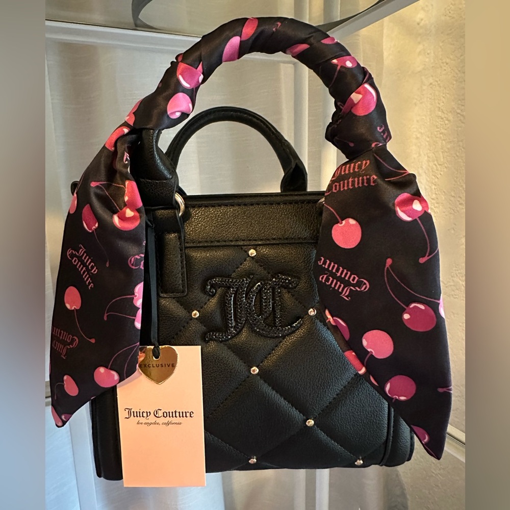Juicy Couture Black Quilted Mini Tote with Cherry Twilly